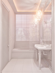 3d illustration bathroom interior design of a hotel room in a traditional Islamic style. Beautiful deluxe room background interior view decorated with arabian motifs. Render in white without textures