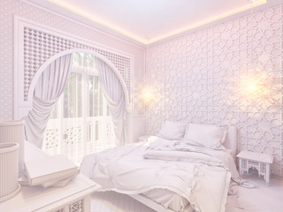 3d illustration bedroom interior design of a hotel room in a traditional Islamic style. Deluxe room background interior view decorated with arabian motifs. Render in white without textures