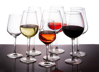 Set of glasses with red, white and rose wine