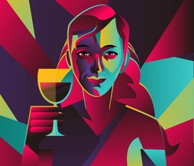 cubist colorful girl drinking wine - obrazy, fototapety, plakaty