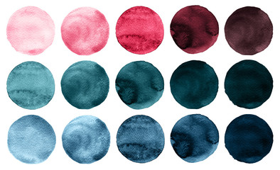 Set of colorful watercolor circles isolated on white.