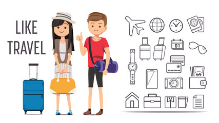 Travel arrangements with airlines. Tourist and luggage in cute style.Basic icon set form infographic.