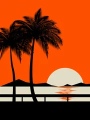 Fototapete Rot Sommersonnenuntergang auf dem Retro- Plakathintergrund der Strandweinlese
