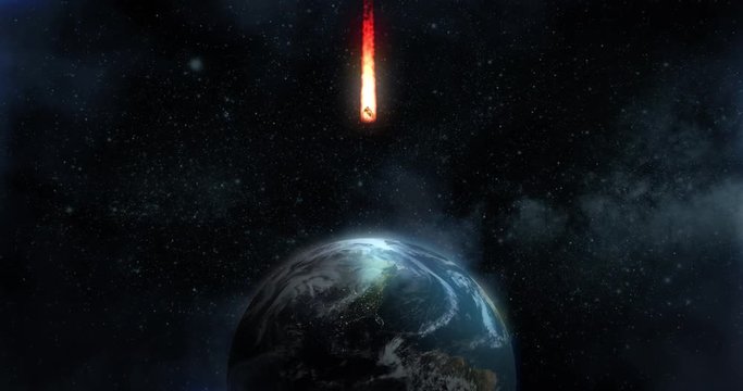 A stylized animated background of a meteor heading for a dramatic collision with the Earth's north pole.  	
