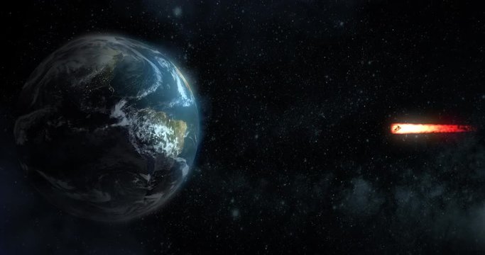 A stylized animated background of a meteor heading for a dramatic collision with the Earth's equator.	 	
