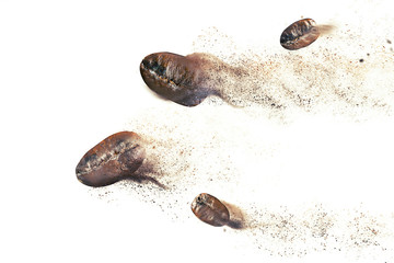 The Roasted coffee beans breaking on the white background