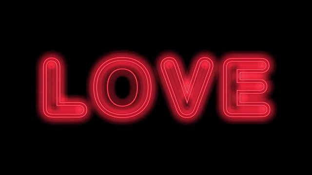 Neon word 'Love' glowing on alpha channel, seamless loop
