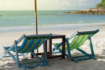 two chairs and umbrella is on the beach  Samed Island   in Thailand for relaxing in weekend
