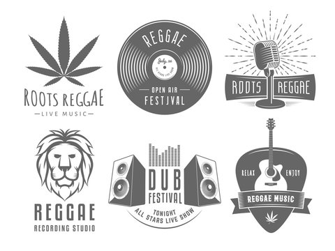 Reggae logos. Vector badges for reggae festival, radio station or rastafarian bar. Vintage music labels with marijuana leaf, vinyl disc, microphone, guitar, lion and speakers.