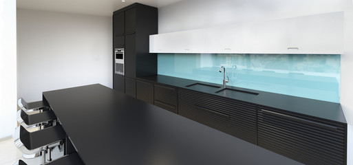 Black and white kitchen. Glass splashback