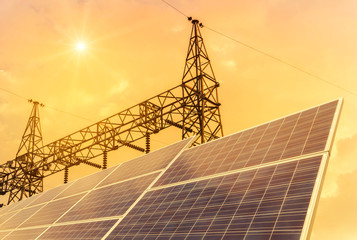        solar cells in power station alternative energy from the sun with  high voltage electric...