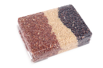 Jasmine rice, Brown rice, Mixed rice and Riceberry in vacuum bag.