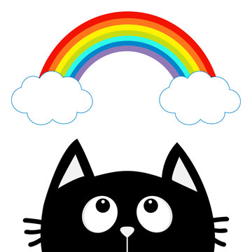 Black cat looking up to cloud and rainbow. Cute cartoon character. Valentines Day. Kawaii animal. Love Greeting card. Flat design. White background. Isolated.