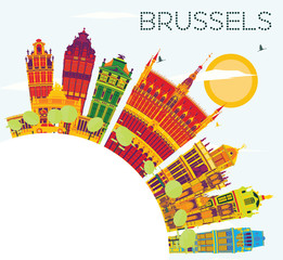 Brussels Skyline with Color Buildings, Blue Sky and Copy Space.