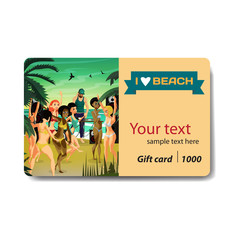 Summer party. Young women in bikini dancing at a disco on the beach at sunset. Sale discount gift card. Branding design to the resort