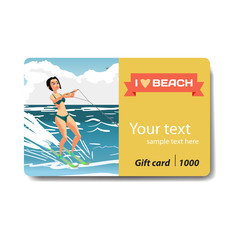 Beautiful girl in bikini on water ski. Sale discount gift card. Branding design to the resort and a sports goods store