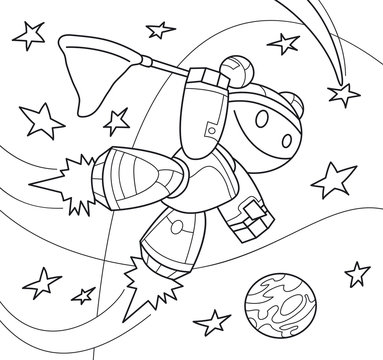 Robot girl with a net in space. Coloring book. Cartoon vector illustration