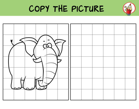 Funny elephant. Copy the picture. Coloring book. Educational game for children. Cartoon vector illustration