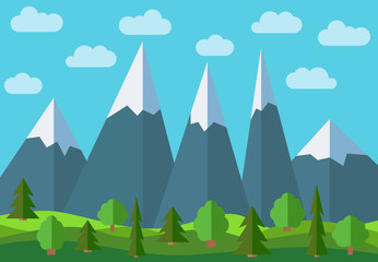 Vector panoramic mountain cartoon landscape. Natural landscape in the flat style with blue sky, clouds, trees, hills and mountains with snow on the peaks.
