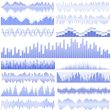 Vector set of blue sound waves. Audio equalizer. Sound & audio waves isolated on white background.
