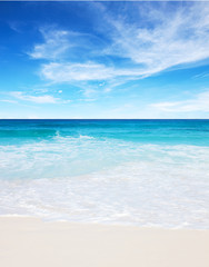 Tropical white sand beach and blue sky at summer sunny day. Seychelles