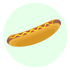 Flat vector delicious hotdog with grilled sausage, ketchup and mustard icon. Tasty cartoon colorful fastfood symbol