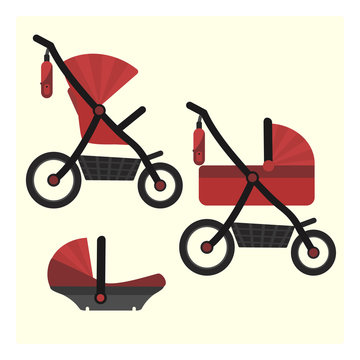 Flat red baby carriage transformer icon. Vector childrens pram 3 in 1 symbol including carriage, stroller and safety car seat. Cute colorful baby girl and boy unisex transport symbol
