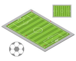 Vector illustration of an isometric projection of a football field. Scheme of the football field from the top. Soccer ball.