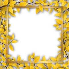Frame of tree branches with yellow autumn leaves and an empty space for text. Blank for advertising card or invitation.