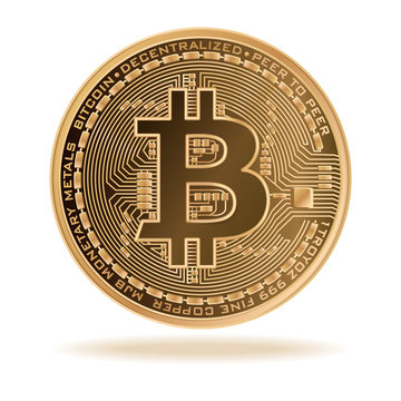 Bitcoin. Physical bit coin. Digital currency.  Cryptocurrency. Golden coin with bitcoin symbol isolated on white background. Stock vector illustration.
