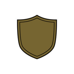 Shield shape gold icon. Simple flat logo on white background. Symbol of security, protection, safety, strong. Element badge for secure protect design emblem decoration. Vector illustration