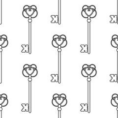 Black and white seamless pattern with vintage, old keys for coloring books, pages.