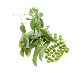 Fresh peas pods and grains of isolated white background