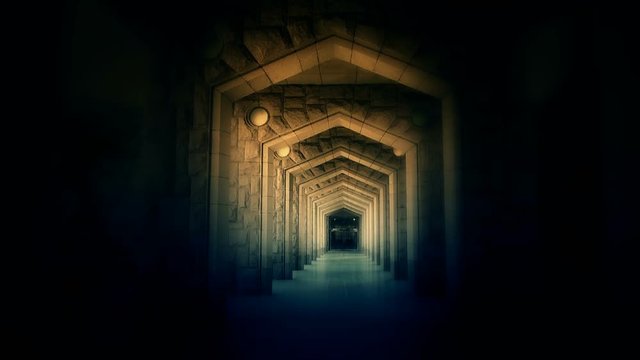 Mysterious Ornate arches corridor.