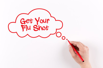 Hand writing Get Your Flu Shot on white paper, View from above