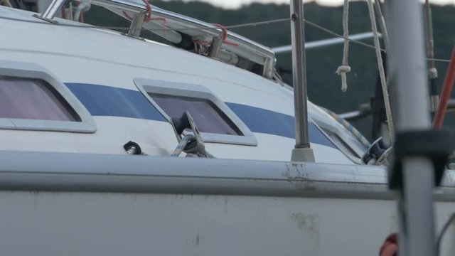 Boat window of morred yacht in the port.