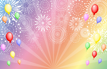 花火　風船　レインボー背景