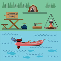 A set of accessories with a boat for traveling through the forest and rivers. For active and nature-loving people. Flat drawing.