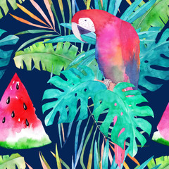 Lato wzór z akwarela papuga, liście palm i arbuz. Kolorowa ilustracja