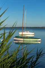 Still-life with boats at sunset light on the lake Balaton in Hungary