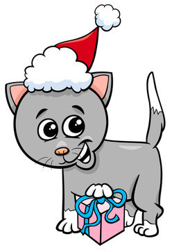 kitten with Christmas gift cartoon