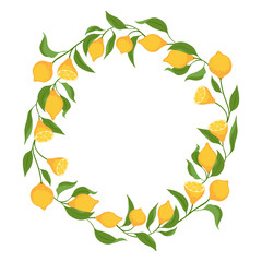 Lemon branches with fruits and leaves round frame.