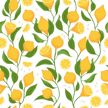 Lemon slices and whole fruits seamless pattern.
