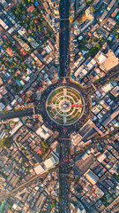 Aerial view Road roundabout. Expressway with car lots in the city in Thailand. Street large beautiful downtown. cityscape. Top view.