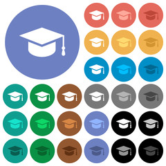 Graduation cap round flat multi colored icons