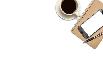 Top view workspace  on wooden desk with tablet, notebook, and a cup of coffee.