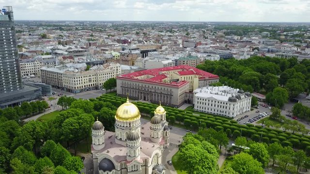 Cathedral of the Nativity of Christ Riga Latvia Esplanade Aerial drone top view 4K UHD video