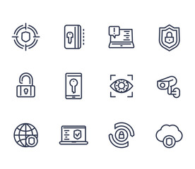 Security and protection line icons on white, secure browsing, cybersecurity, firewall