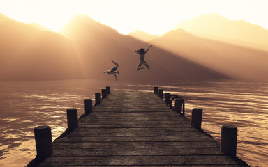 Young couple jumping