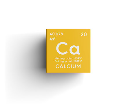 Calcium. Alkaline earth metals. Chemical Element of Mendeleev's Periodic Table. Calcium in square cube creative concept.